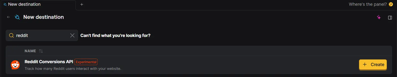 PostHog Destinations screen showing the Reddit Conversions API result and Create button